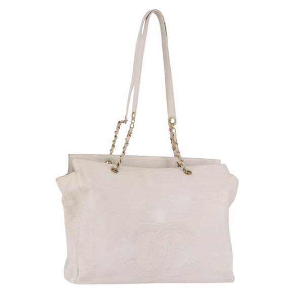 CHANEL Chain Tote Bag Caviar Skin White Gold CC Auth BA13731A