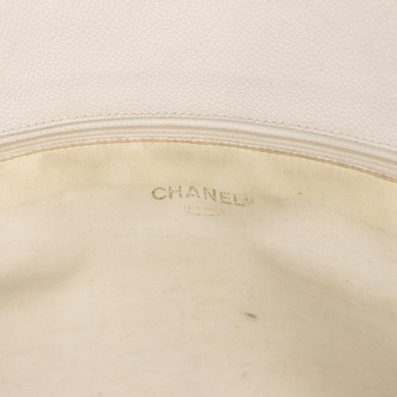 CHANEL Chain Tote Bag Caviar Skin White Gold CC Auth BA13731A