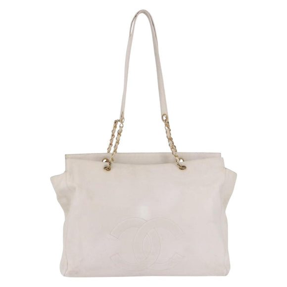 CHANEL Chain Tote Bag Caviar Skin White Gold CC Auth BA13731A