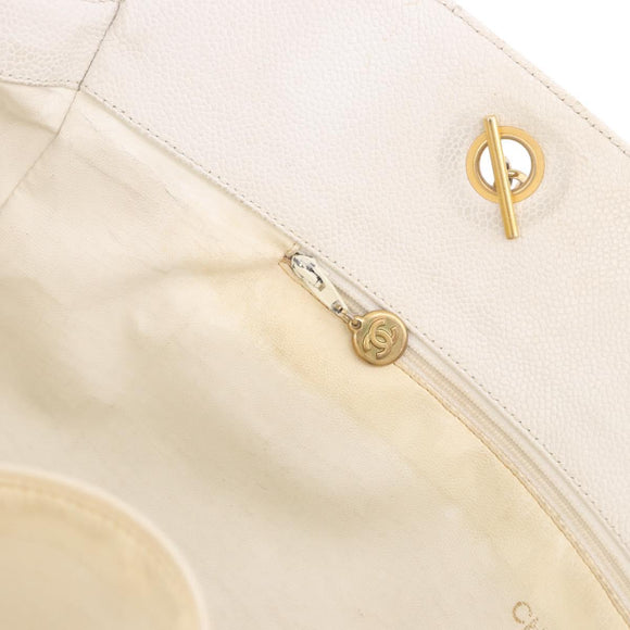 CHANEL Chain Tote Bag Caviar Skin White Gold CC Auth BA13731A