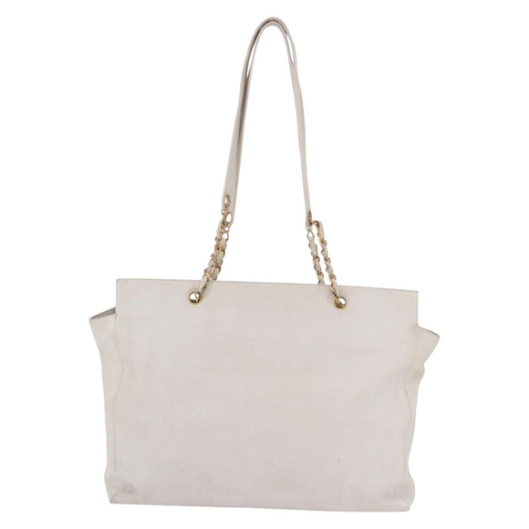 CHANEL Chain Tote Bag Caviar Skin White Gold CC Auth BA13731A