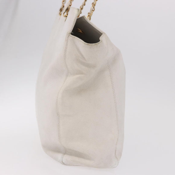 CHANEL Chain Tote Bag Caviar Skin White Gold CC Auth BA13731A