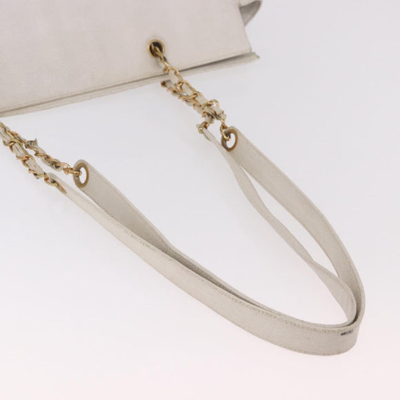 CHANEL Chain Tote Bag Caviar Skin White Gold CC Auth BA13731A