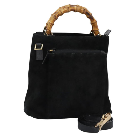 GUCCI Bamboo Hand Bag Suede 2way Black Gold 000 2265 0581 Auth BA1375