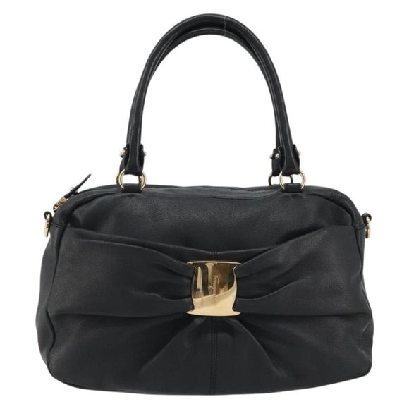 Salvatore Ferragamo Vala Hand Bag Leather Black Gold Auth BA13758