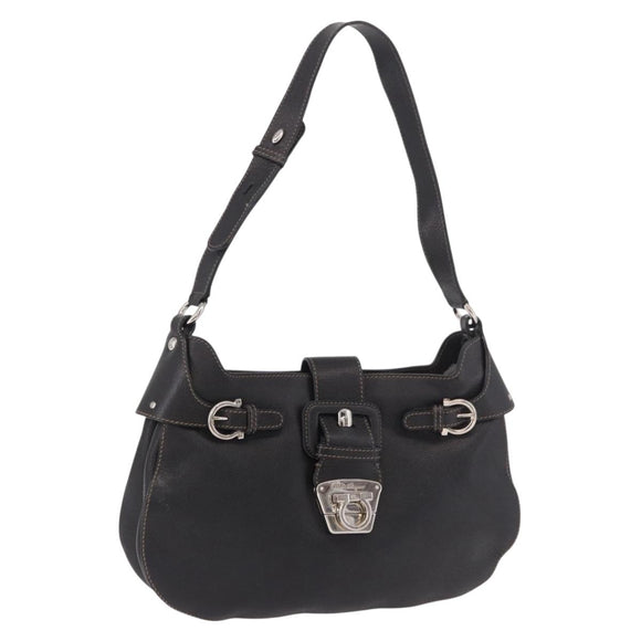 Salvatore Ferragamo Gancini Shoulder Bag Leather Black Silver Auth BA13760A