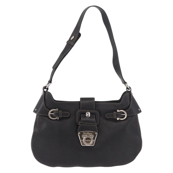 Salvatore Ferragamo Gancini Shoulder Bag Leather Black Silver Auth BA13760A