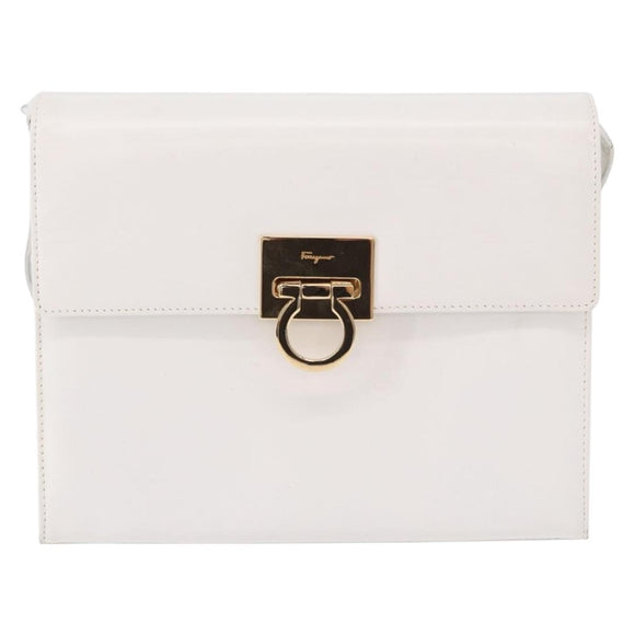 Salvatore Ferragamo Gancini Shoulder Bag Leather White Gold Auth BA13766A