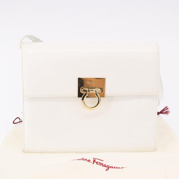 Salvatore Ferragamo Gancini Shoulder Bag Leather White Gold Auth BA13766A