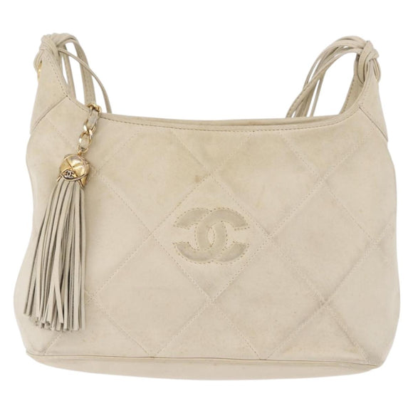 CHANEL Matelasse Shoulder Bag Lamb Skin White Gold CC Auth BA13767
