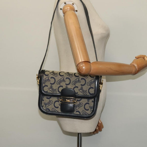CELINE C Sulky Shoulder Bag Canvas Navy Gold Auth BA1378
