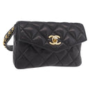 CHANEL Matelasse Waist Bag Lamb Skin Black Gold CC Auth BA13785A-1