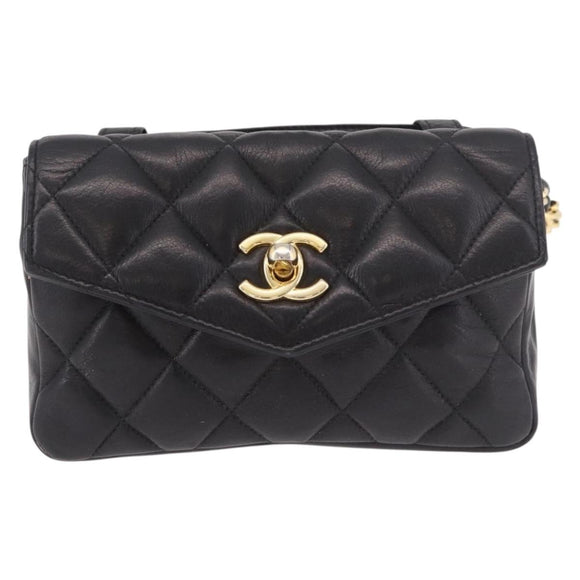 CHANEL Matelasse Waist Bag Lamb Skin Black Gold CC Auth BA13785A