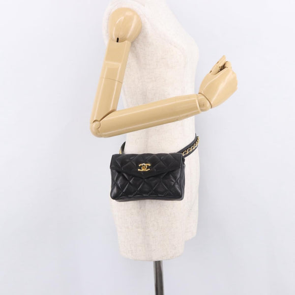 CHANEL Matelasse Waist Bag Lamb Skin Black Gold CC Auth BA13785A