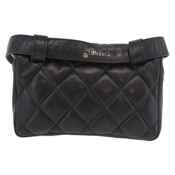CHANEL Matelasse Waist Bag Lamb Skin Black Gold CC Auth BA13785A