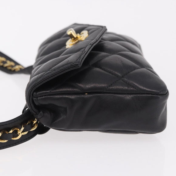 CHANEL Matelasse Waist Bag Lamb Skin Black Gold CC Auth BA13785A