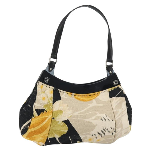 Salvatore Ferragamo Gancini Hand Bag Canvas Beige Silver Auth BA13795A
