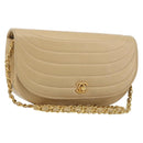 CHANEL Half Moon Chain Shoulder Bag Lamb Skin Beige Gold CC Auth BA13807A-1