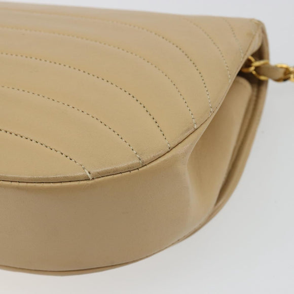 CHANEL Half Moon Chain Shoulder Bag Lamb Skin Beige Gold CC Auth BA13807A