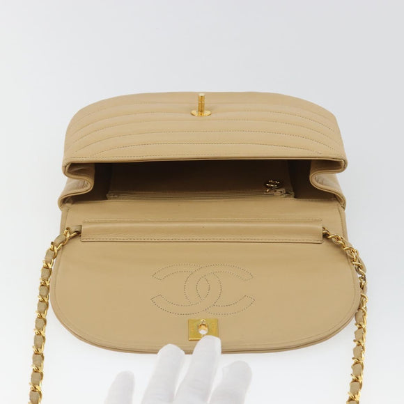 CHANEL Half Moon Chain Shoulder Bag Lamb Skin Beige Gold CC Auth BA13807A