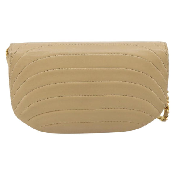 CHANEL Half Moon Chain Shoulder Bag Lamb Skin Beige Gold CC Auth BA13807A