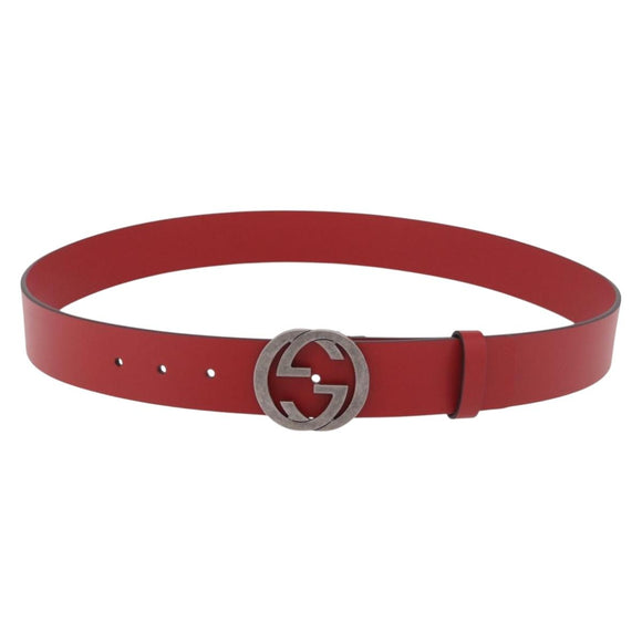 GUCCI Interlocking G Belt Leather 43.7"" Red Silver 546389 Auth BA13818V