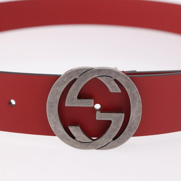 GUCCI Interlocking G Belt Leather 43.7"" Red Silver 546389 Auth BA13818V