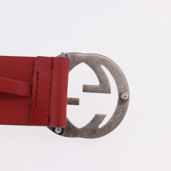 GUCCI Interlocking G Belt Leather 43.7"" Red Silver 546389 Auth BA13818V
