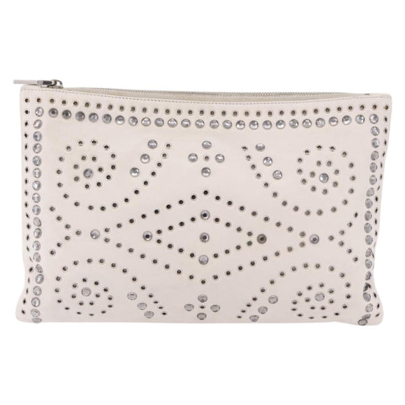 PRADA Clutch Bag Leather White Silver Auth BA13824V