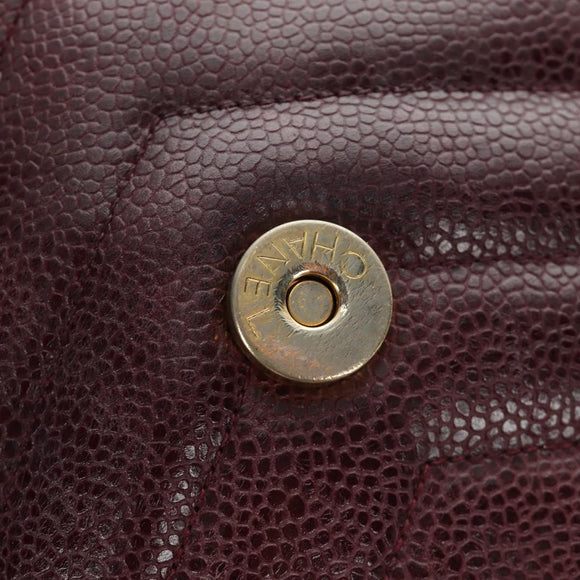 CHANEL Chain V Stitch Shoulder Bag Caviar Skin Bordeaux Gold CC Auth BA13825V