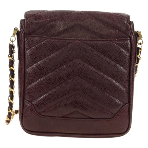 CHANEL Chain V Stitch Shoulder Bag Caviar Skin Bordeaux Gold CC Auth BA13825V