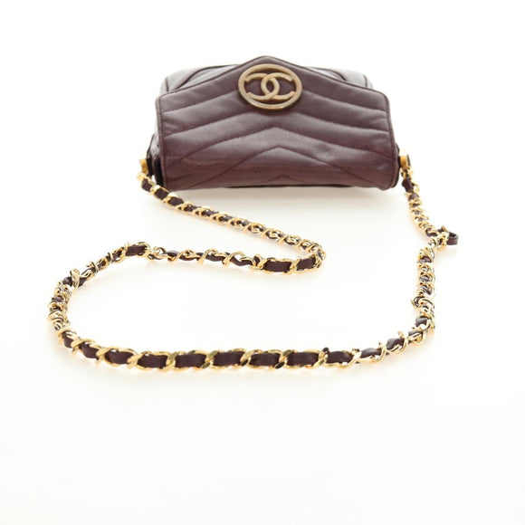 CHANEL Chain V Stitch Shoulder Bag Caviar Skin Bordeaux Gold CC Auth BA13825V