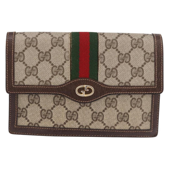 GUCCI GG Supreme Web Sherry Line Pouch PVC Beige Gold Auth BA13871
