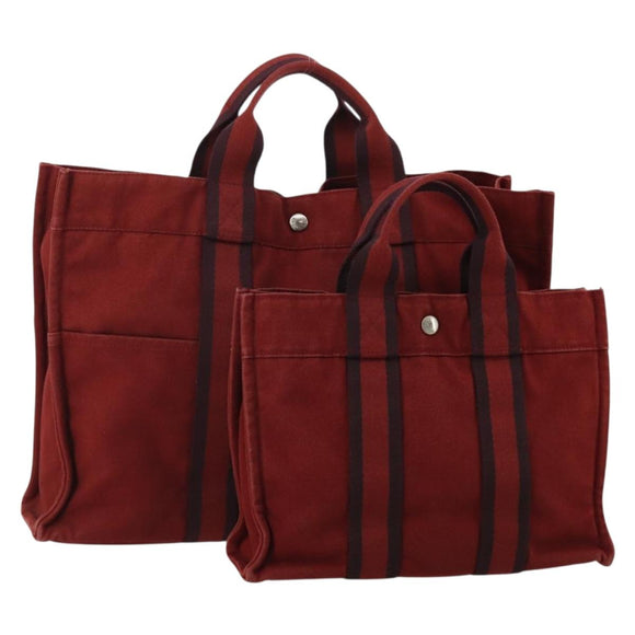 HERMES Fourre Tout Hand Bag Cotton 2 Set Red Auth BA13880
