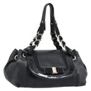 Salvatore Ferragamo Vara Ribbon Chain Hand Bag Leather Black Auth BA13892A-1