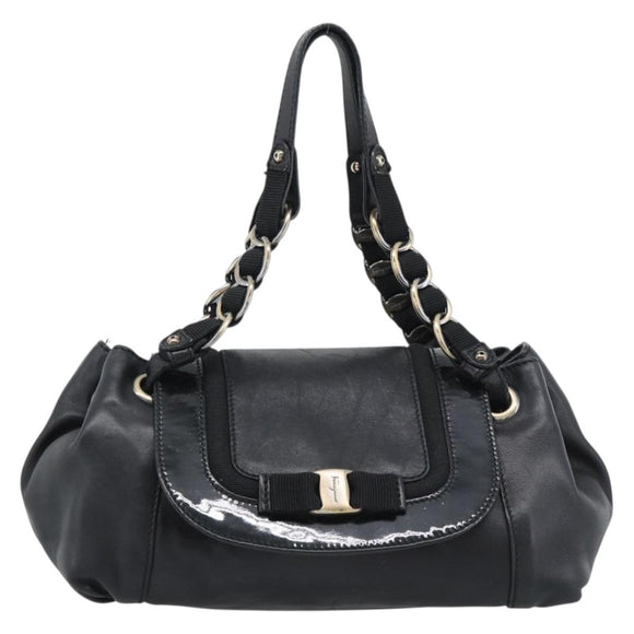 Salvatore Ferragamo Vara Ribbon Chain Hand Bag Leather Black Auth BA13892A