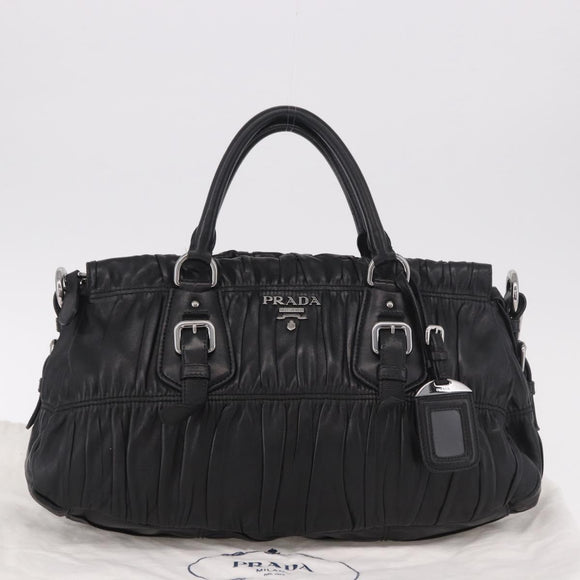 PRADA Hand Bag Leather 2way Black Silver Auth BA13922V