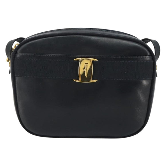 Salvatore Ferragamo Vala Shoulder Bag Leather Black Gold Auth BA13929