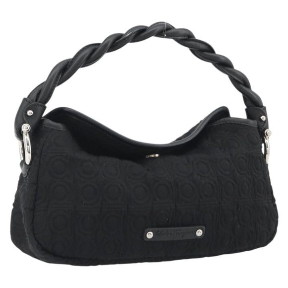 Salvatore Ferragamo Gancini Hand Bag Cotton Black Silver Auth BA13932A