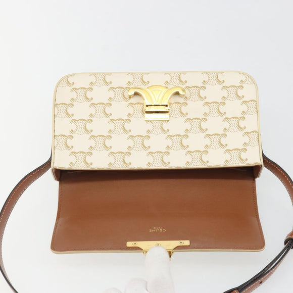 CELINE Triomphe Shoulder Bag Leather White Gold Auth BA13935M