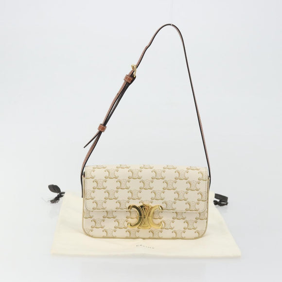CELINE Triomphe Shoulder Bag Leather White Gold Auth BA13935M