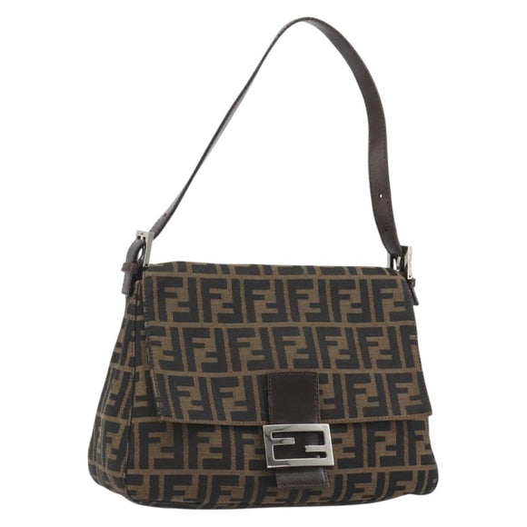 FENDI Zucca Canvas Mamma Baguette Shoulder Bag Brown Silver Auth BA13938V