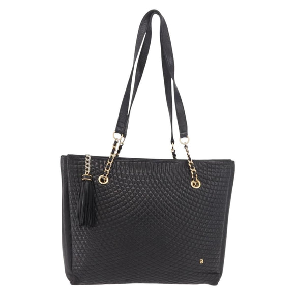 BALLY Chain Tote Bag Leather Black Gold Auth BA13962