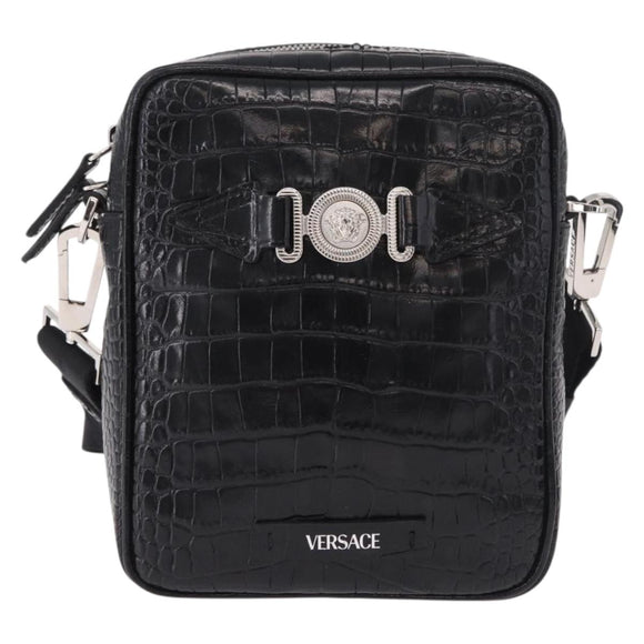 VERSACE Shoulder Bag Leather Black Silver Auth BA13966V