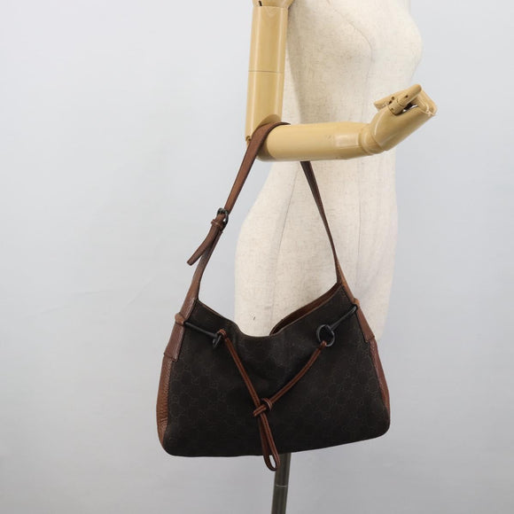 GUCCI GG Canvas Horsebit Shoulder Bag Dark Brown Black 101975 Auth BA13967A
