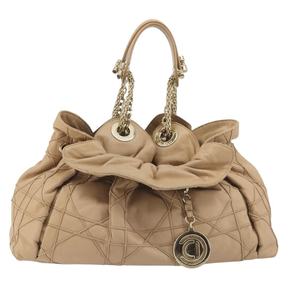 Christian Dior Chain Drawstring Bag Leather Beige Gold Auth BA13968A