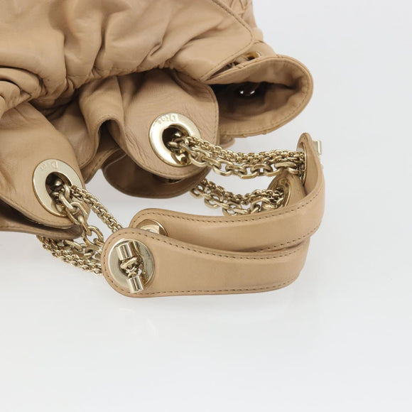 Christian Dior Chain Drawstring Bag Leather Beige Gold Auth BA13968A