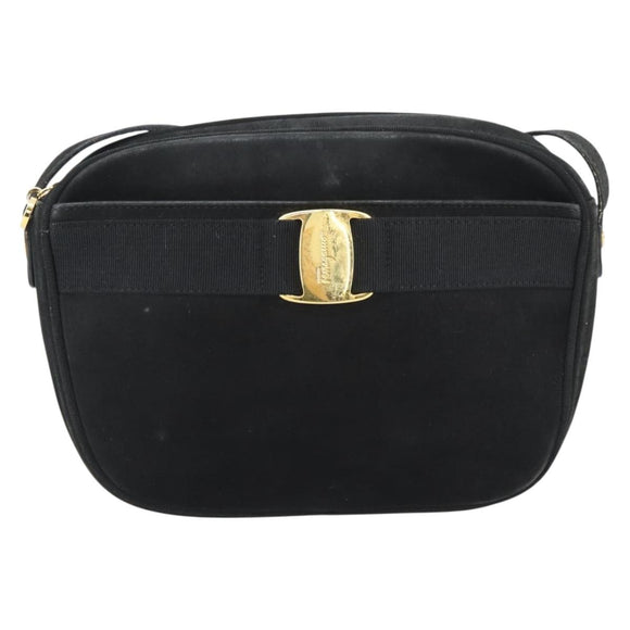 Salvatore Ferragamo Vala Shoulder Bag Suede Black Gold Auth BA13991