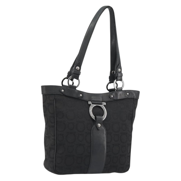 Salvatore Ferragamo Gancini Tote Bag Canvas Black Silver Auth BA13998