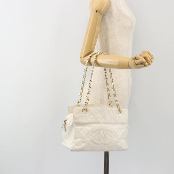 CHANEL Matelasse Chain Shoulder Bag Caviar Skin White Gold CC Auth BA13999